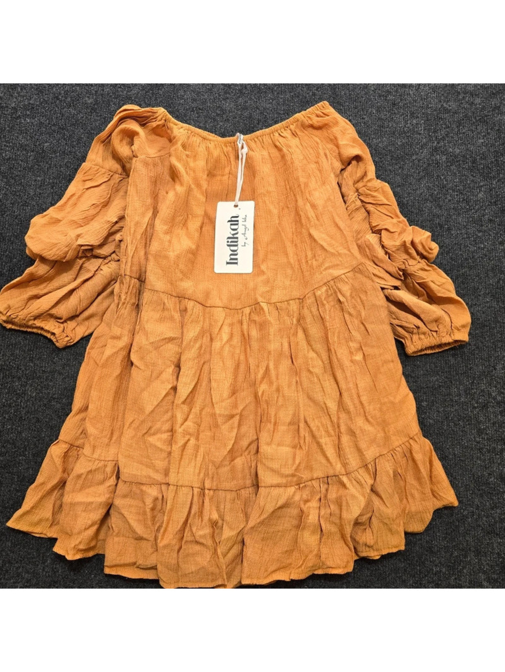 NWT Indikah by Angel Biba Tan Boho Off Shoulder Tiered Babydoll Mini Dress XS
